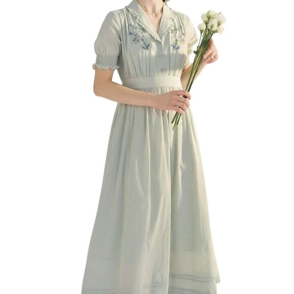 Simply Retro NWT Embroidered Lace Ruched Midi Dress Puff Short Sleeve Size M - Picture 8 of 15